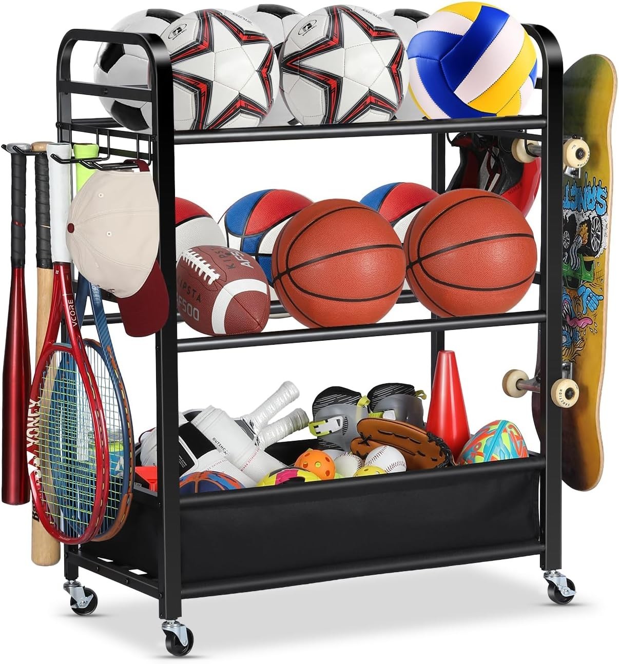 Four-Layer Sports Equipment Storage Rack with Weather Resistant Design