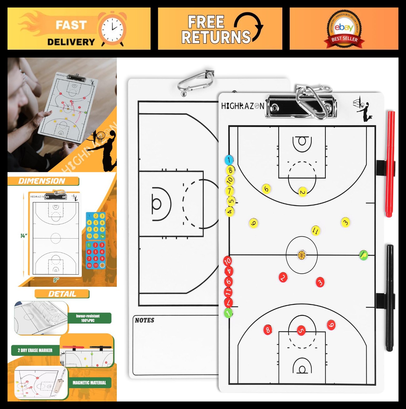 Magnetic Basketball Coach Clipboard – Double-Sided Dry Erase Board with Markers