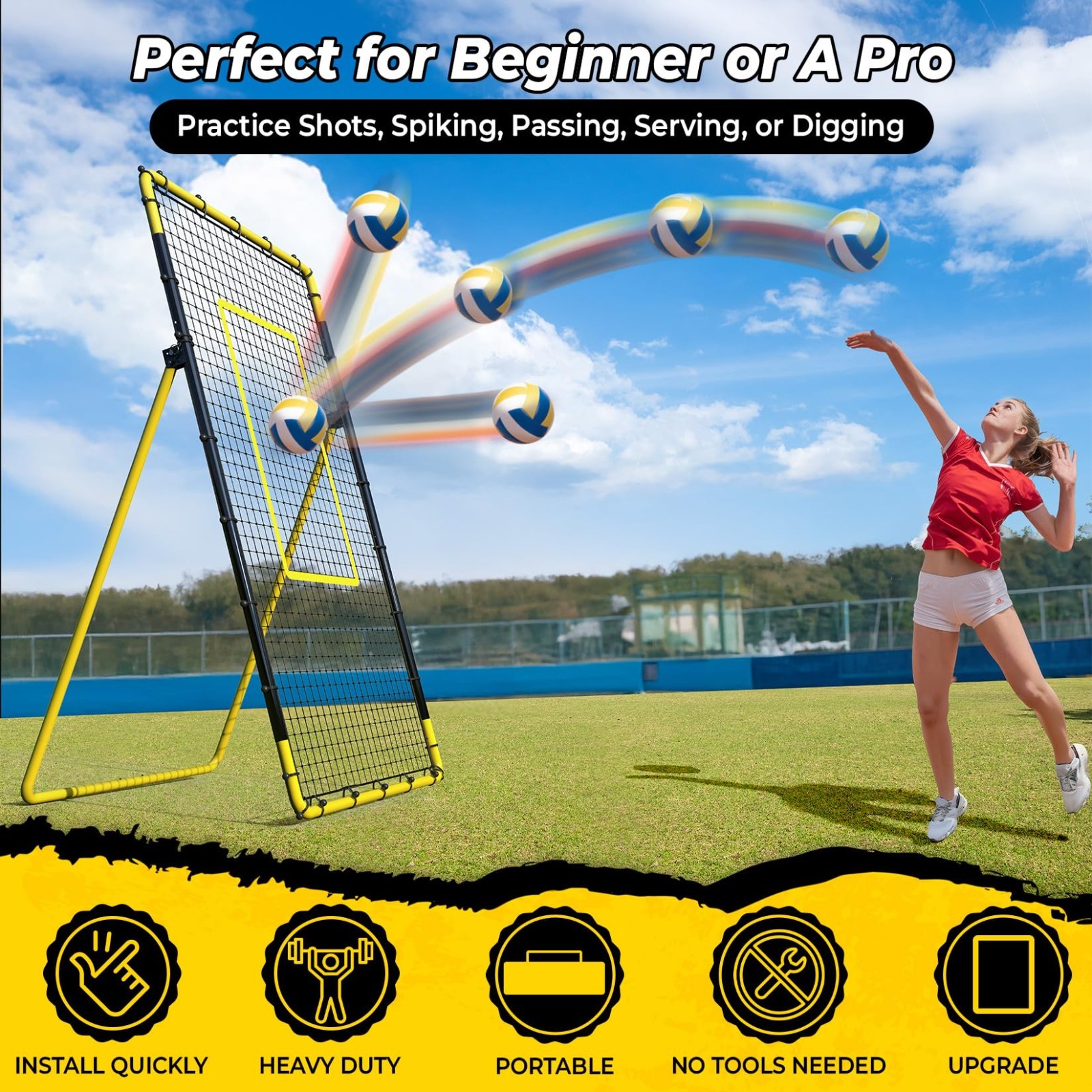Portable Volleyball Rebounder Net 7×4 FT – 5 Adjustable Angles, Heavy-Duty Frame