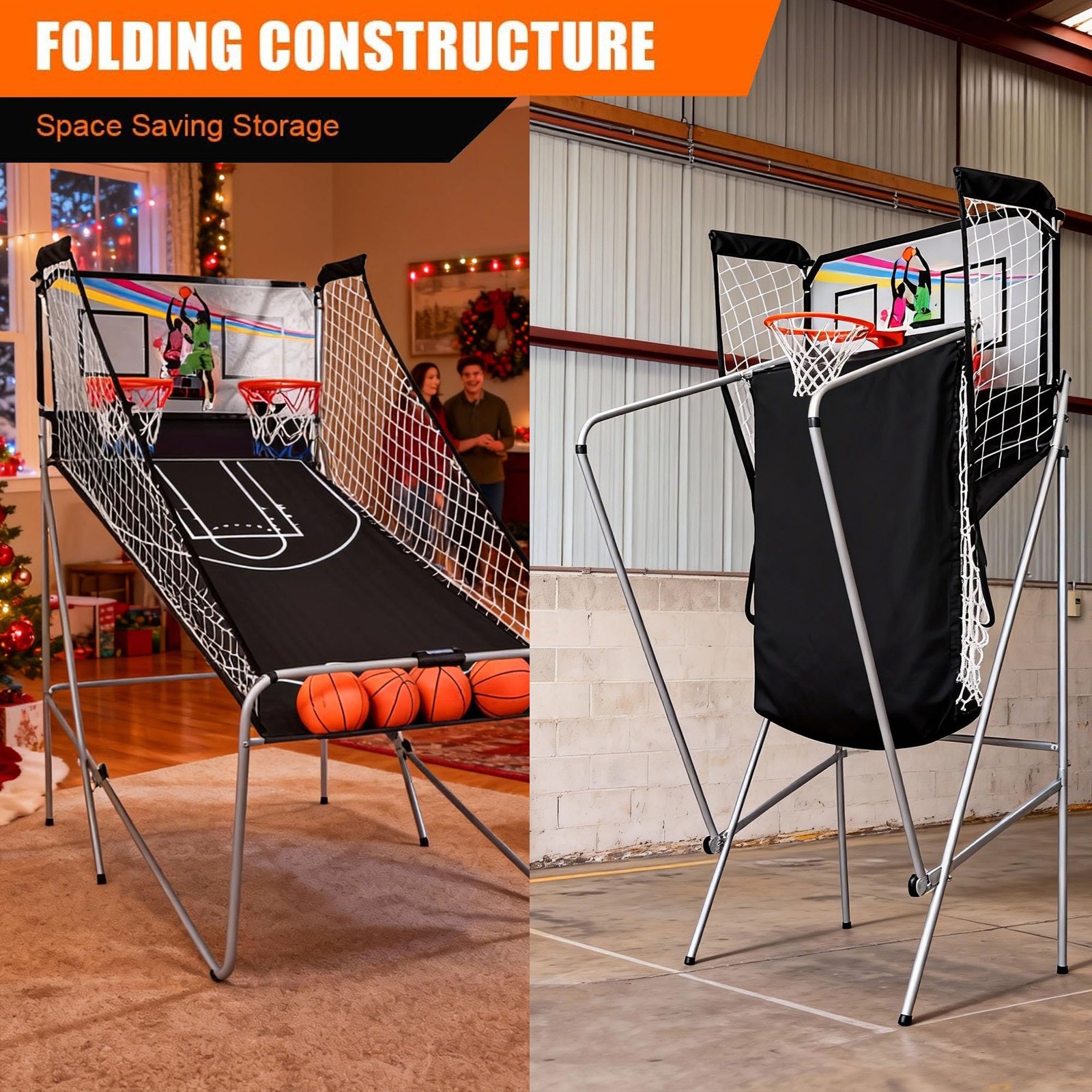 Foldable Electronic Basketball Game for 2 Players, Dual Arcade Shootout Indoor