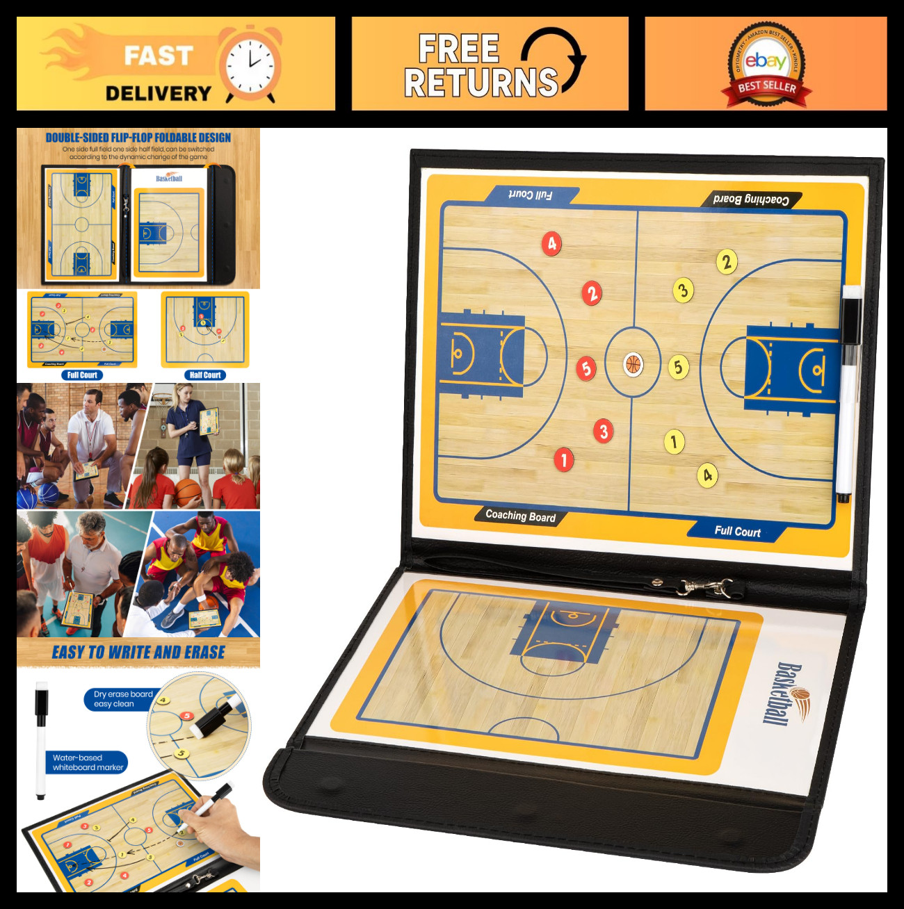 Foldable Basketball Coaching Board – Magnetic Tactics Clipboard & Dry Erase Mark
