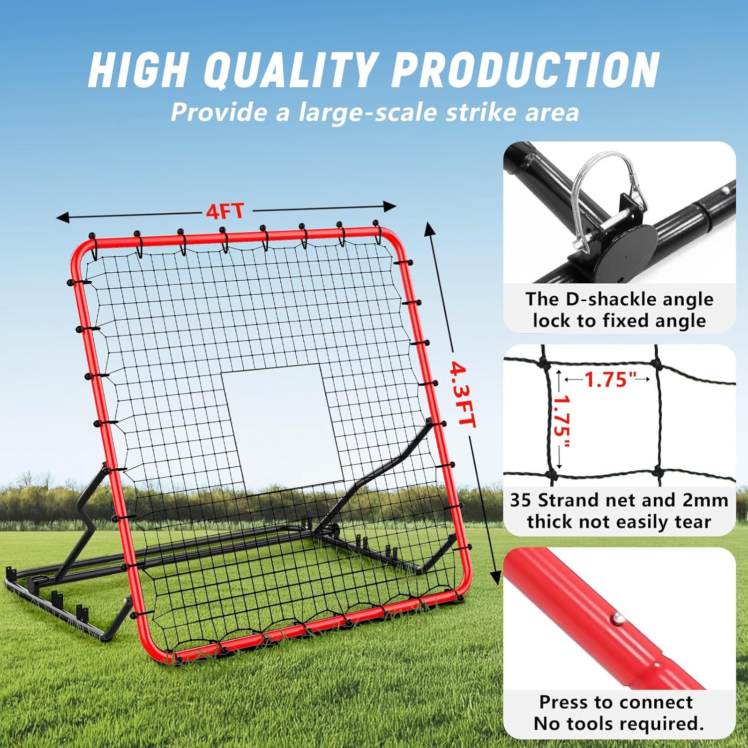 Baseball Rebounder, 4×4.5ft Football Rebounder, 4 Adjustable Angles,