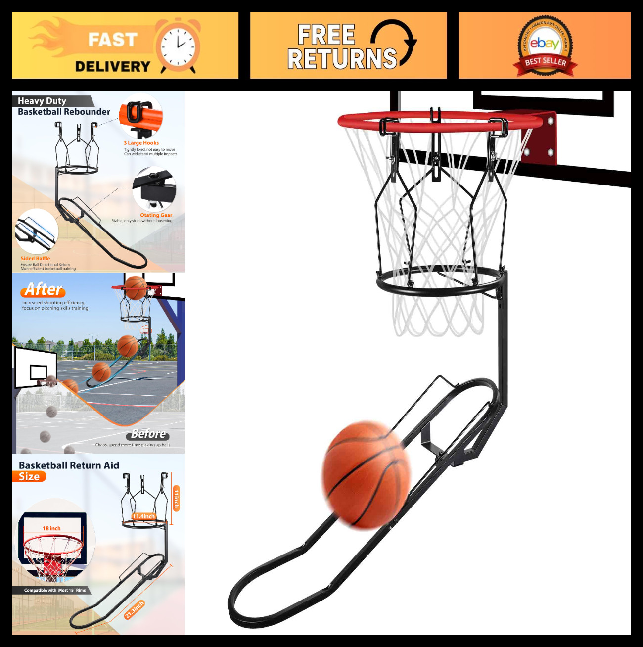 180° Rotatable Basketball Rebounder Return Attachment, Heavy Duty Training Aid,