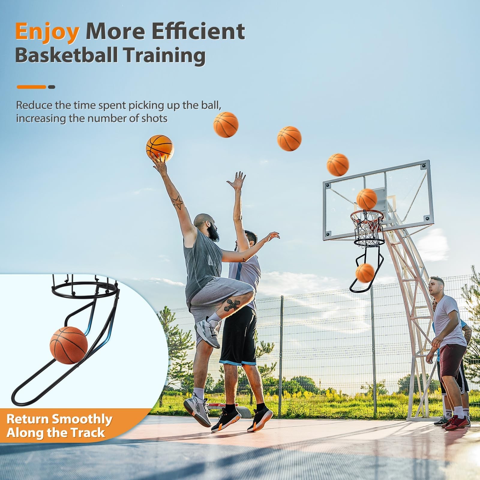 Heavy Duty Basketball Return Attachment, Durable Rebounder with 3 Stable Hooks,