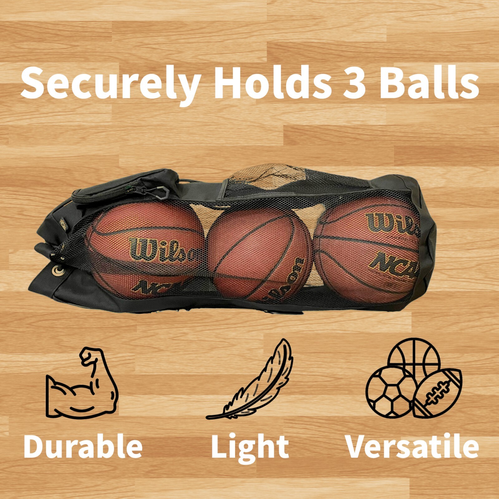 HOTZ Basketball Bag Holds 3 Basketballs Zipper Pouch, Strap, Handle & Carabiner
