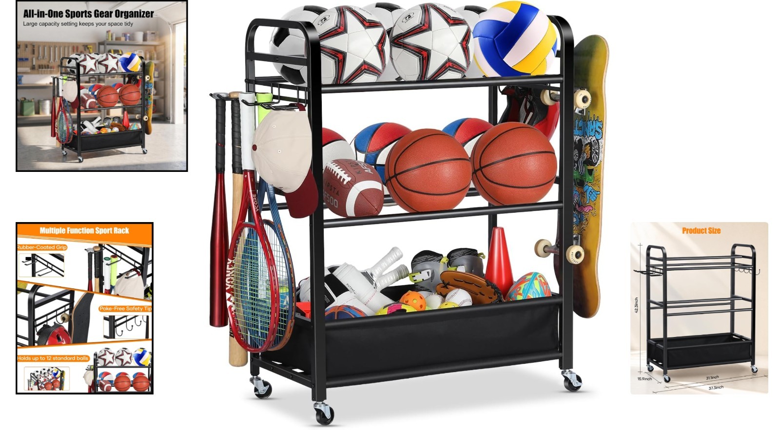 Four-Layer Sports Equipment Storage Rack with Weather Resistant Design