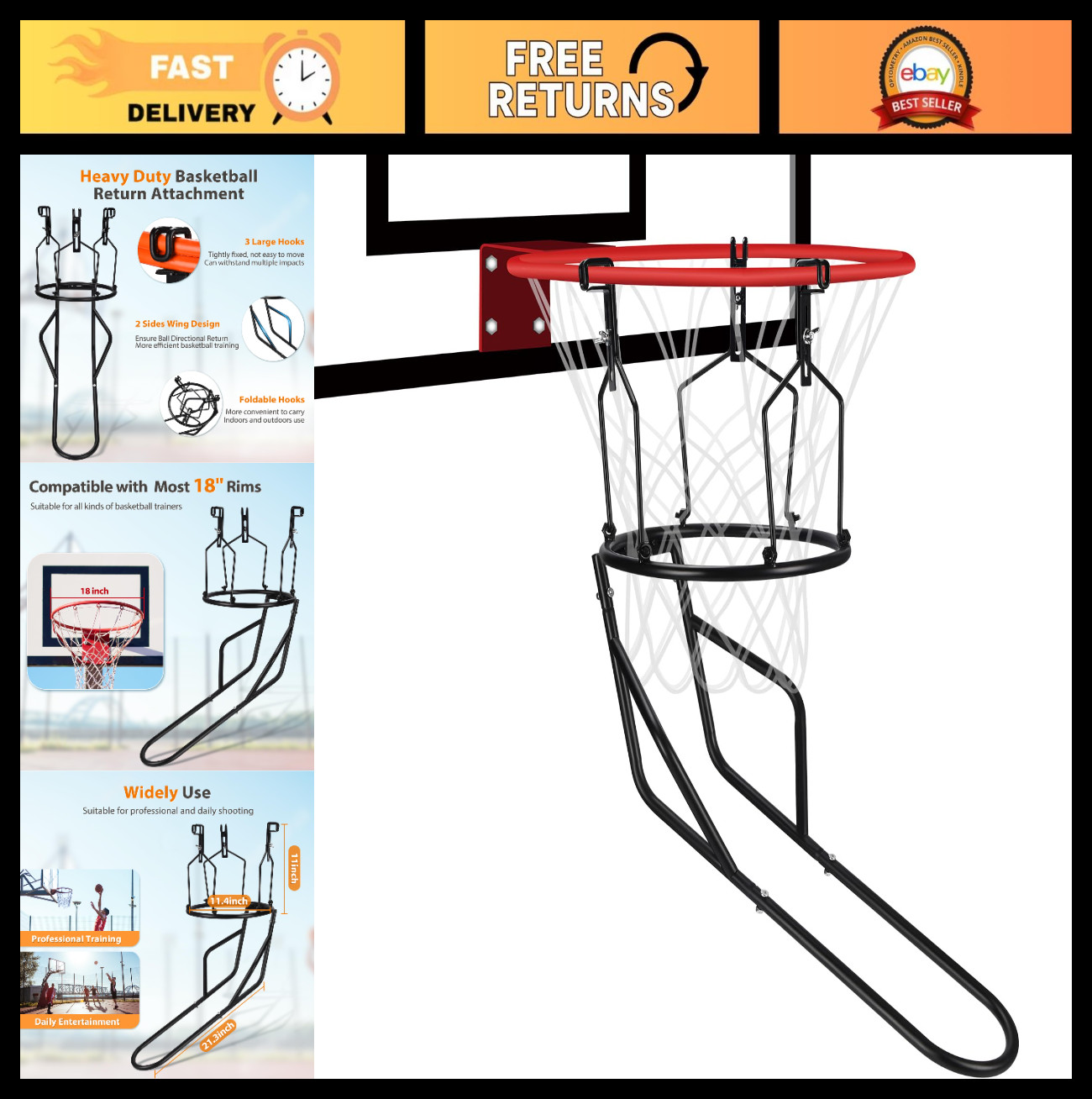 Heavy Duty Basketball Return Attachment – Durable Rebounder with 3 Stable Hooks