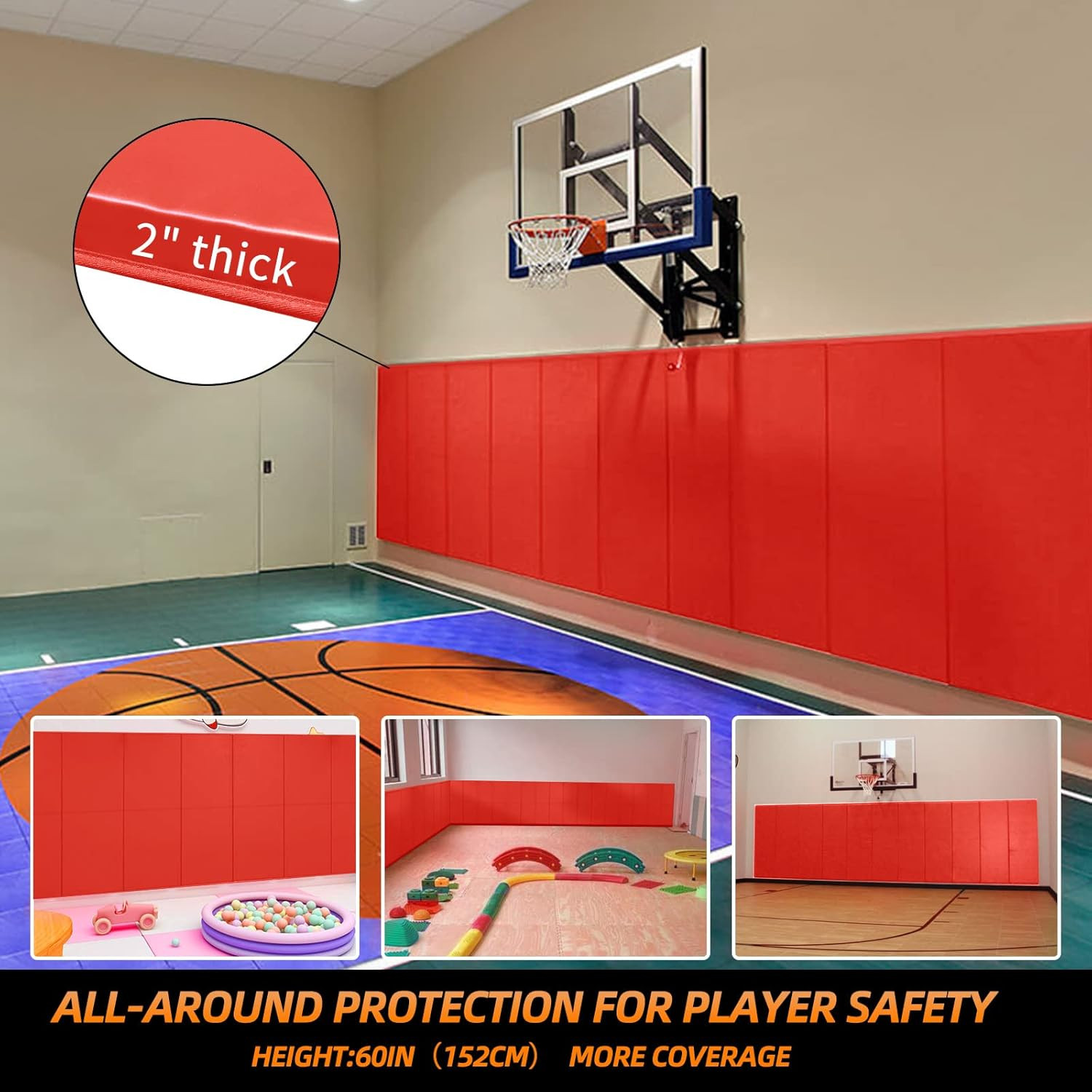 Durable 2″/4″ Thick Foam Wall Pads for Basketball Court Protection, 60″ L x 20″