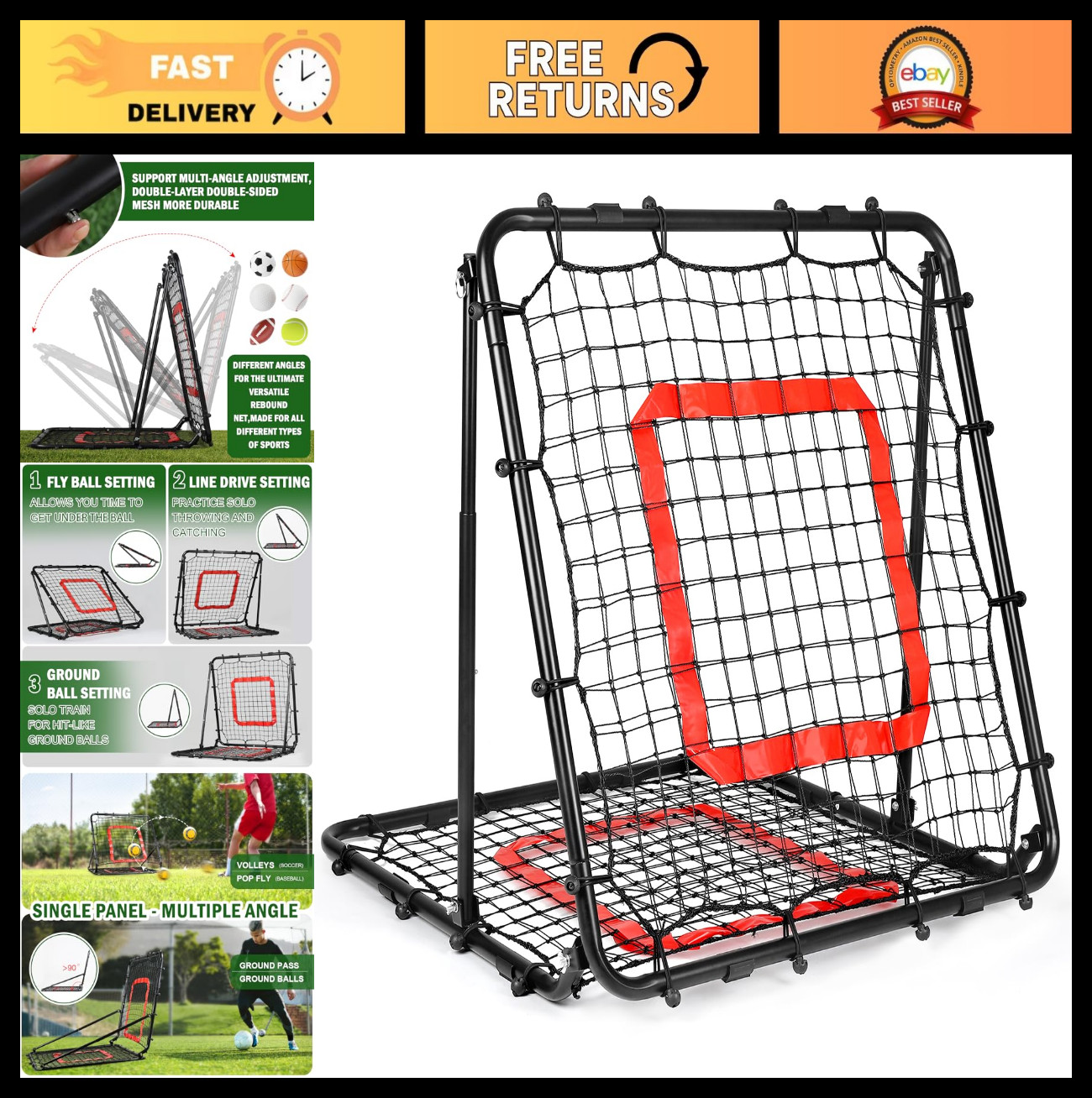 Multi-Sport Rebounder Net for Baseball, Softball & Volleyball – Adjustable Angle