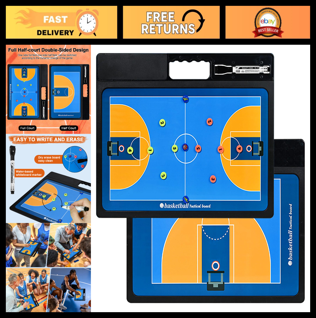 Double-Sided Basketball Coaching Board, Magnetic Tactics Clipboard & Dry Erase M