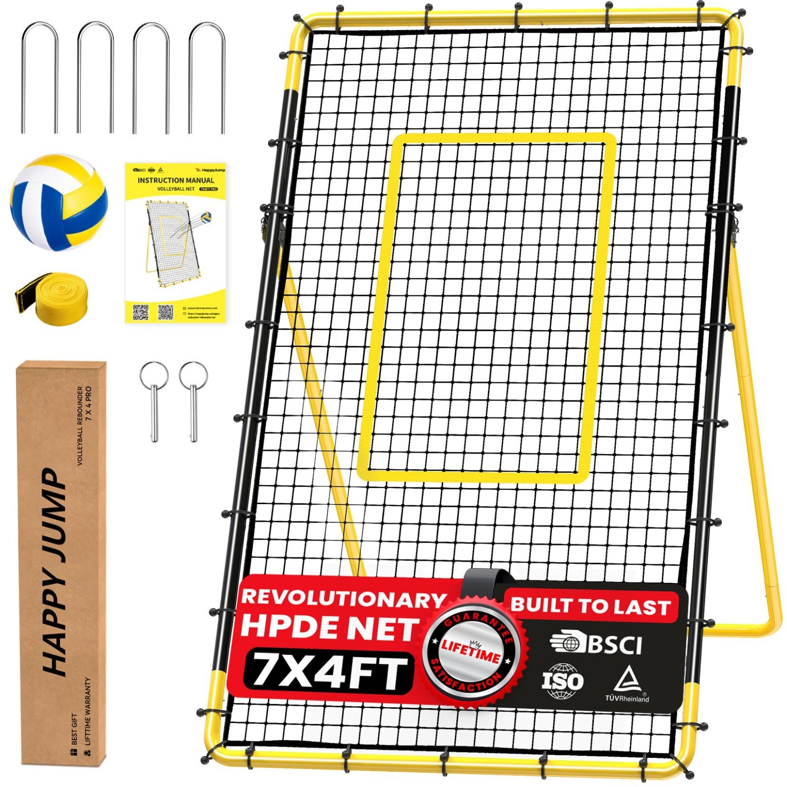 Portable Volleyball Rebounder Net 7×4 FT – 5 Adjustable Angles, Heavy-Duty Frame