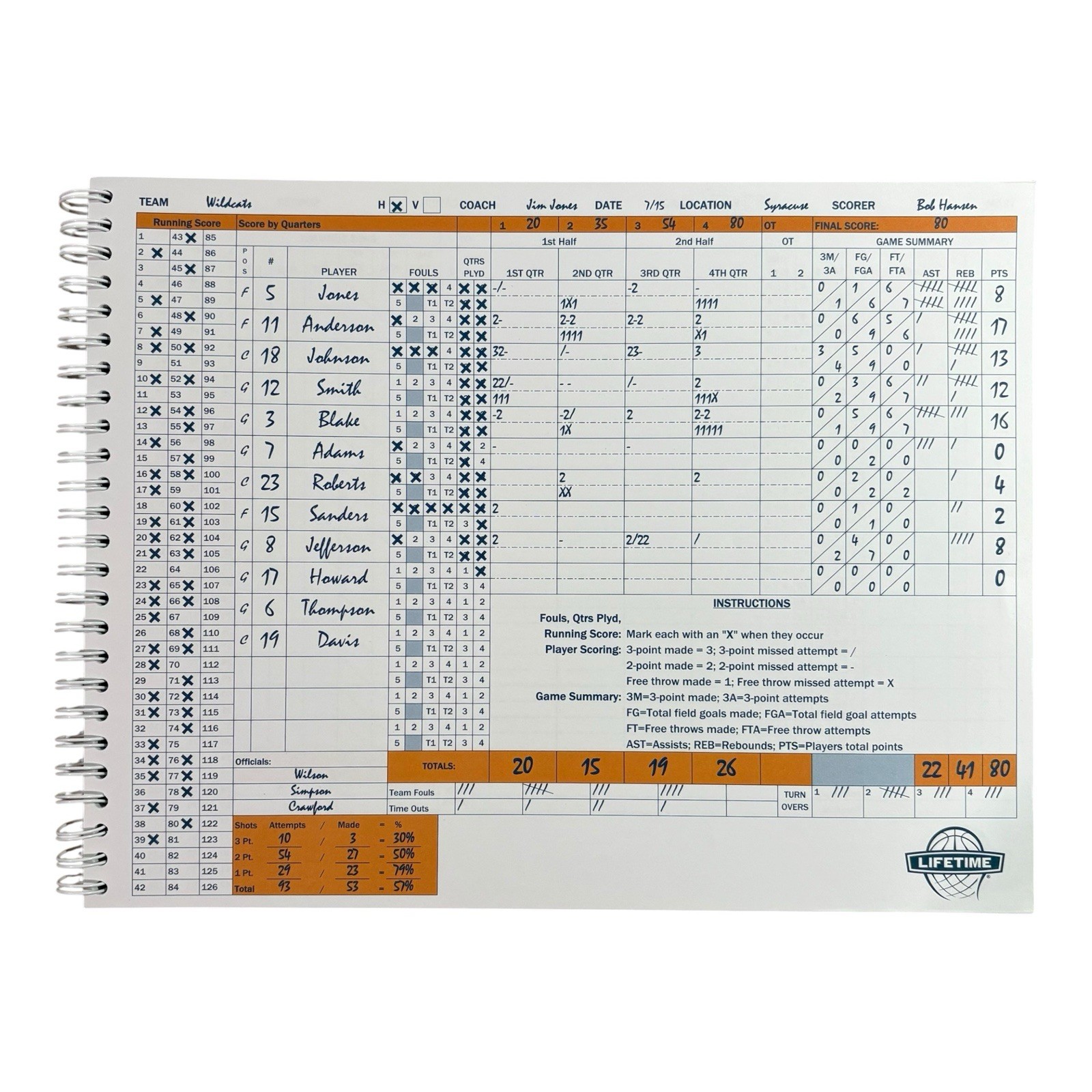 Lifetime Basketball Scorebook 11″ X 9″ Spiral Bound, 30 Games w/ Instructions