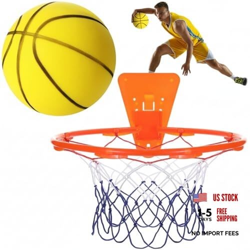 Silent Basketball and Hoop Set Soft Foam Indoor Basketball No Size 7 Yellow