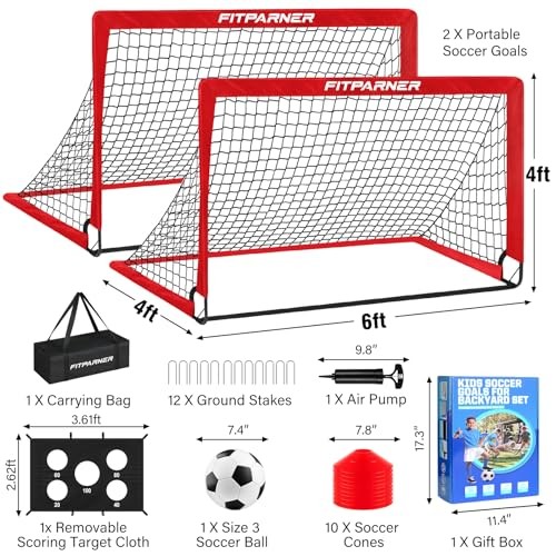 Soccer Goal,Backyard Soccer Goals for Kids 2 Pack,4×3/6×4 FT Portable Red 6x4FT