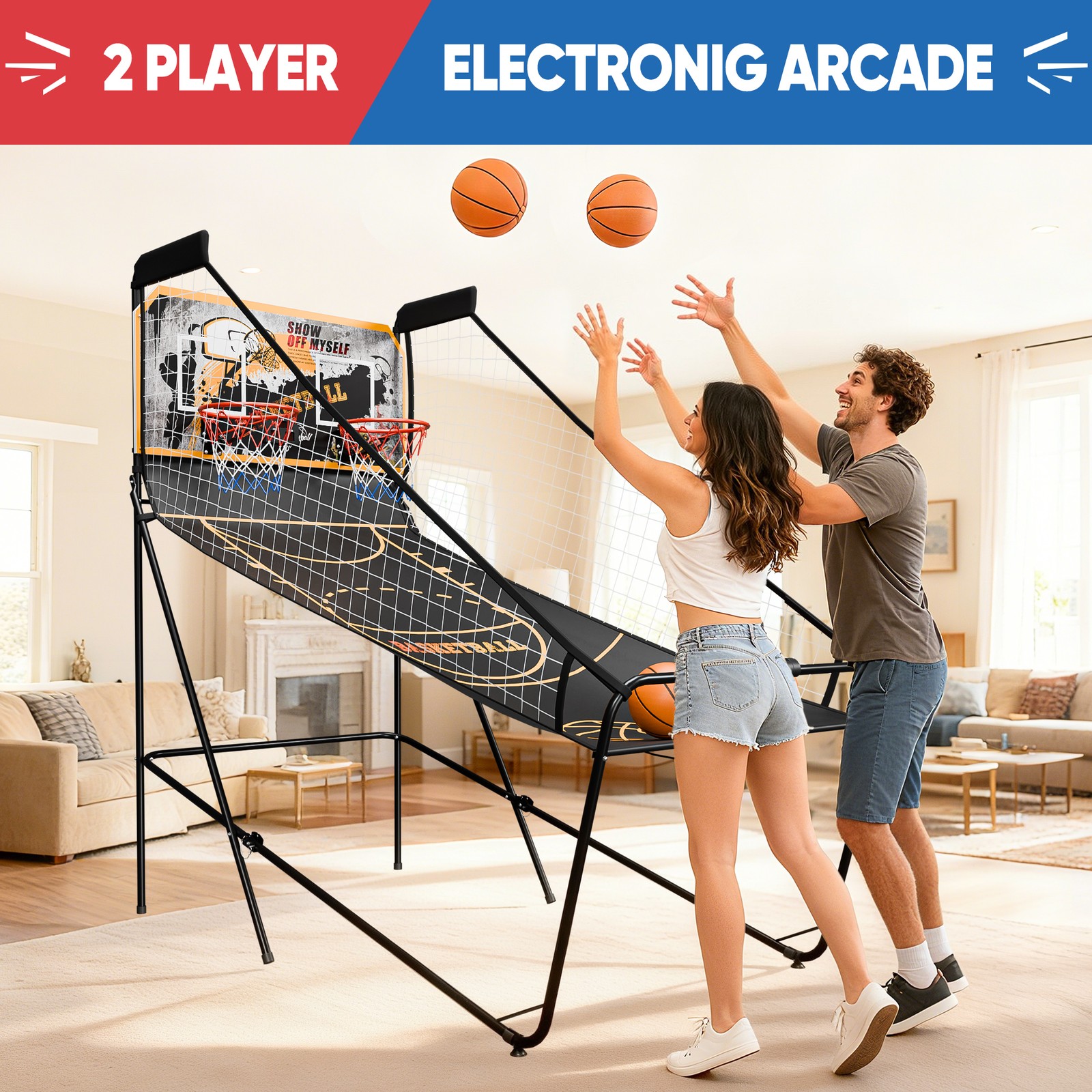 Foldable Basketball Arcade Game Electronic Dual Shot 2 Player 4 Balls Black Gold