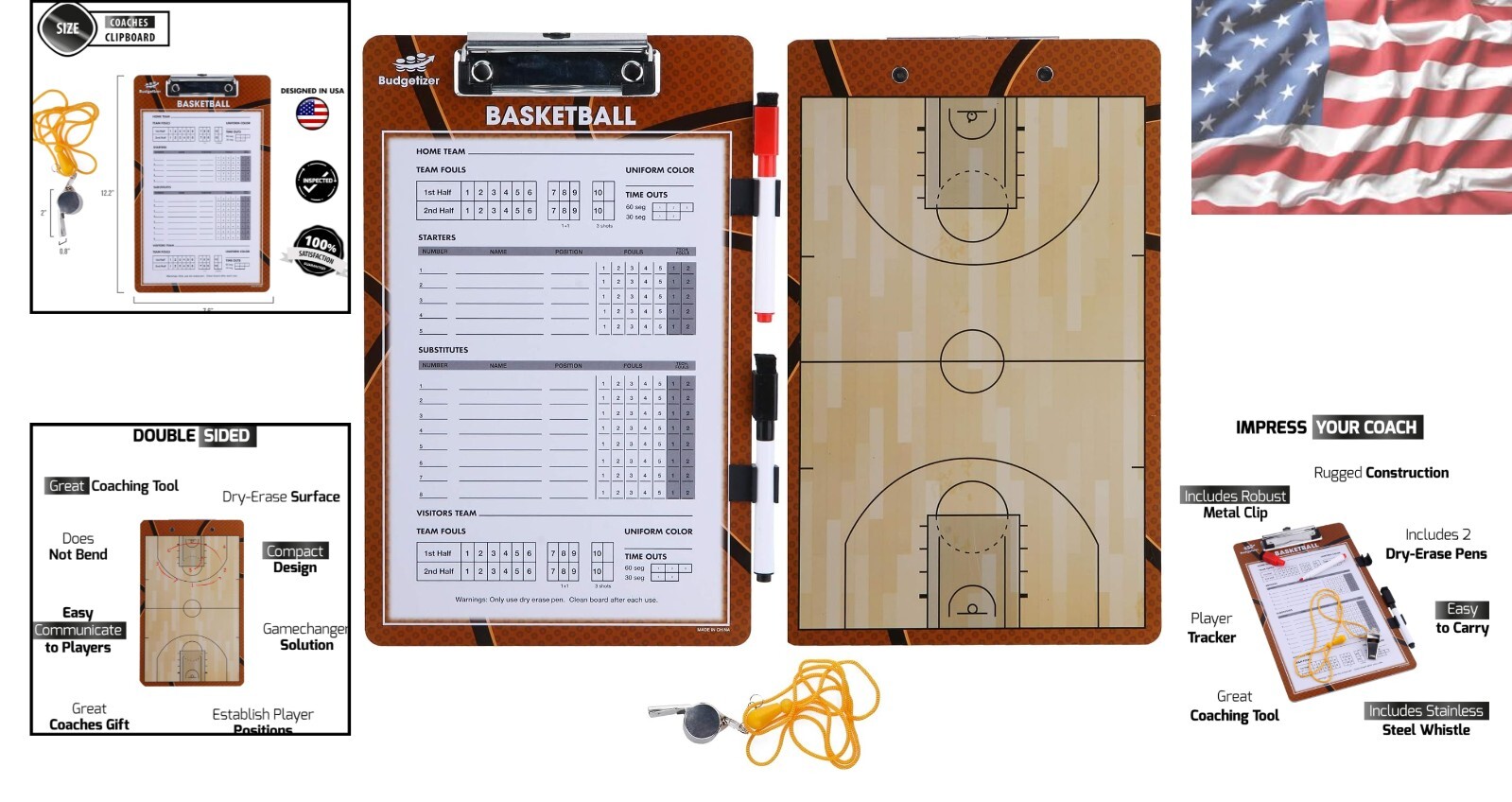 Durable Basketball Clipboard with Two Sided Design, Whistle and Markers Included