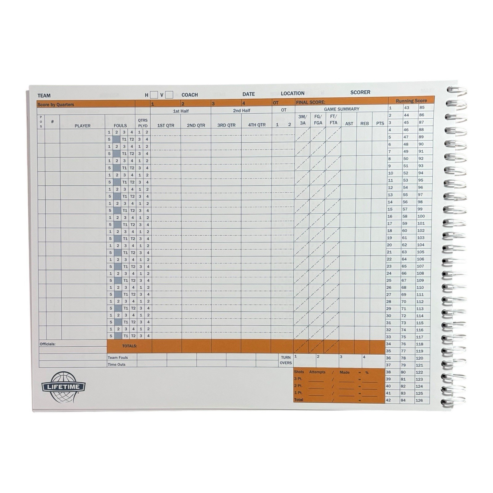 Lifetime Basketball Scorebook 11″ X 9″ Spiral Bound, 30 Games w/ Instructions