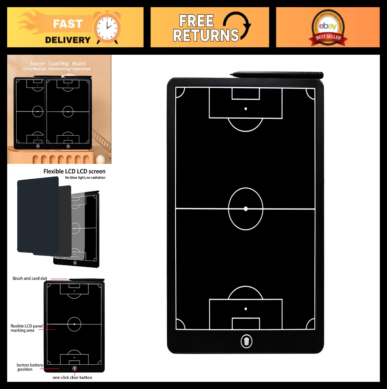 Soccer Coaching Clipboard – 16″ LCD Tactical Board for Coaches with Marker