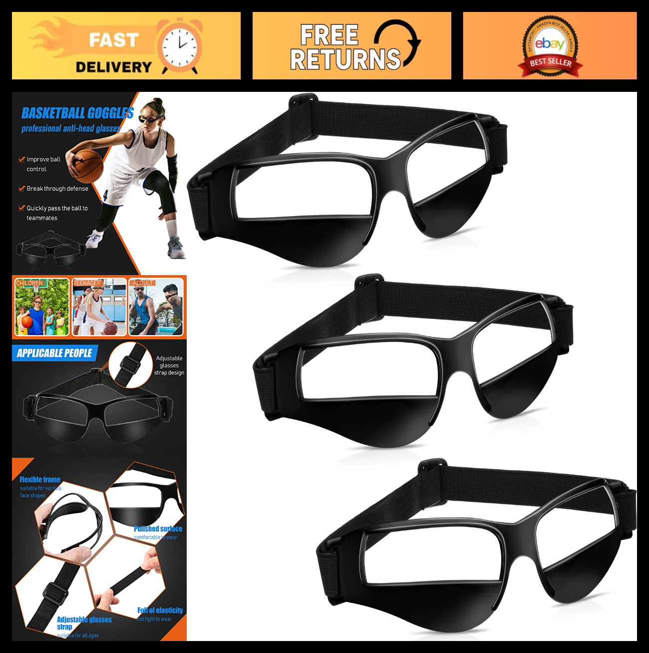 Adjustable Dribbling Goggles for Basketball Training – Sports Glasses, Black