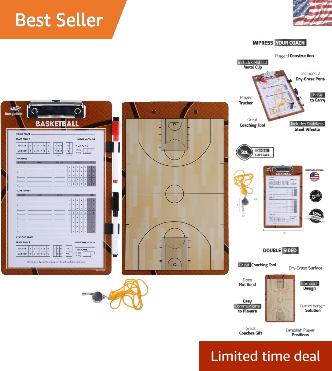Durable Basketball Clipboard with Two Sided Design, Whistle and Markers Included